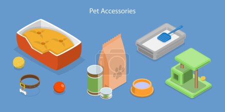 Ilustración de Vector plano isométrico 3D Conjunto de accesorios para mascotas, Tienda de mascotas Productos - Imagen libre de derechos