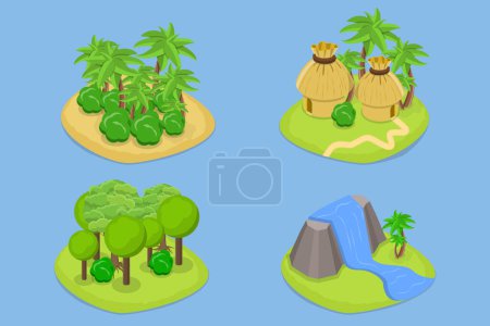 Illustration for 3D Isometric Flat Vector Set of Islands, Different Natural Landscapes - Royalty Free Image