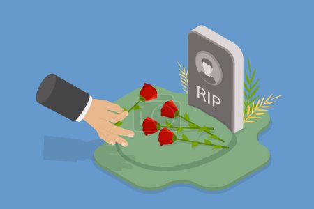 3D Isometric Flat Vector Conceptual Illustration of Visiting Cemetery, Gravestone or Tombstone