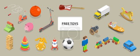 Téléchargez les illustrations : Ensemble vectoriel plat 3D isométrique de jouets gratuits, de charité pour enfants et de dons - en licence libre de droit