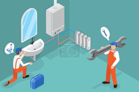 Illustration for 3D Isometric Flat Vector Conceptual Illustration of Professional Plumber, Repair of Heating System, Boiler, Heating Batteries - Royalty Free Image