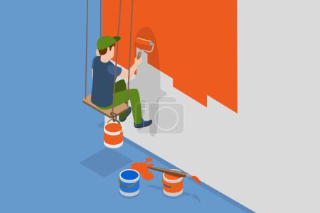Illustration for 3D Isometric Flat Vector Conceptual Illustration of Renovation Works, Painting a Wall - Royalty Free Image