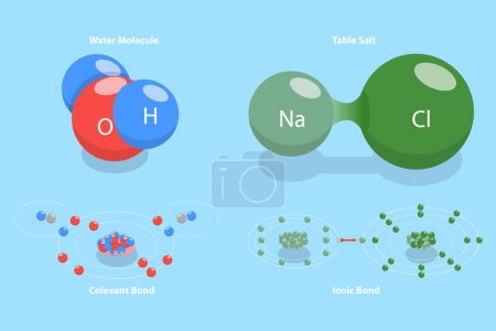 Illustration for 3D Isometric Flat Vector Conceptual Illustration of Ionic Vs Covalent Bonds, Educational Structural Formula - Royalty Free Image
