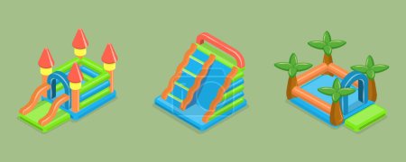 Illustration for 3D Isometric Flat Vector Set of Bouncy Inflatable Castles, Entertainment for Kids - Royalty Free Image