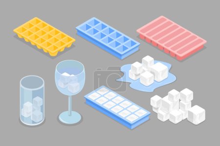 3D Isometric Flat Vector Set of Ice Cubes for Cocktails, Plastic Trays