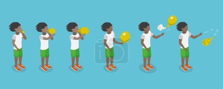 Illustration for 3D Isometric Flat Vector Conceptual Illustration of Balloon Inflation, Kid Blowing Air to a Balloon and Let it Out in the Air - Royalty Free Image