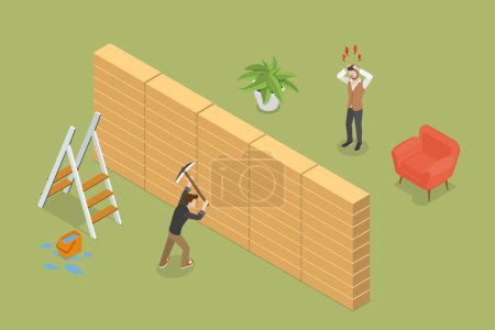 3D Isometric Flat Vector Conceptual Illustration of Noisy Neighbor, Man Annoyed by Noise from Neighboring Apartment