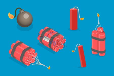 3D Isometric Flat Vector Set of Bombs And Dynamites, Red Stick with Fuse, Detonating Device, TNT
