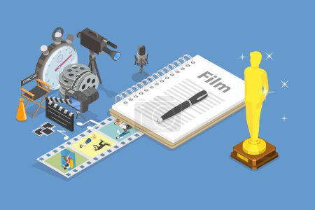 3D Isometric Flat Vector Set of Oscar Award, Filmmaking and Cinematography