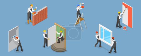 Ilustración de Conjunto de vectores planos isométricos 3D de renovación y decoración de habitaciones, servicio de reparación de hogares - Imagen libre de derechos