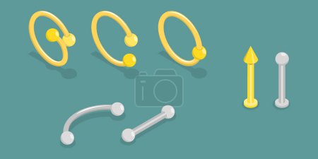 Illustration for 3D Isometric Flat Vector Set of Piercing Jewelry, Accessories Nose, Ears, Lips and Eyebrows - Royalty Free Image