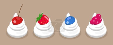 Téléchargez les illustrations : Ensemble vectoriel plat 3D isométrique de crème fouettée aux baies, desserts sucrés - en licence libre de droit