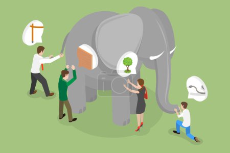 Ilustración de Ilustración conceptual de vectores planos isométricos 3D de diferentes puntos de vista, las personas ciegas están tocando un elefante - Imagen libre de derechos