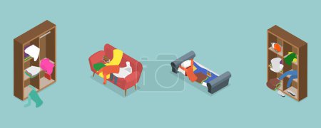 Illustration for 3D Isometric Flat Vector Set of Scattered and Messy Clothes, Chaos, Disorder and Storage Disorganization - Royalty Free Image