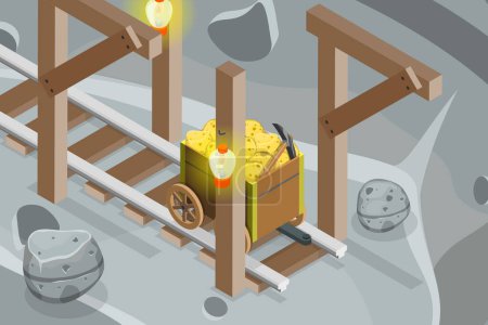 Illustration for 3D Isometric Flat Vector Conceptual Illustration of Old Gold Mine, Underground Tunnel with Railway - Royalty Free Image