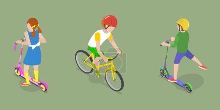 Téléchargez les illustrations : Illustration conceptuelle 3D vecteur plat isométrique d'enfants heureux, loisirs en plein air avec véhicule sport - en licence libre de droit
