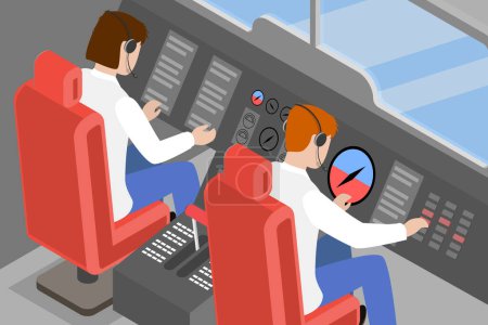 Téléchargez les illustrations : Illustration conceptuelle 3D vectorielle plate isométrique du poste de pilotage de l'avion, cabine de pilotage - en licence libre de droit