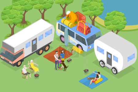 Illustration for 3D Isometric Flat Vector Conceptual Illustration of Caravan Camping, Camp for Recreational Vehicles - Royalty Free Image