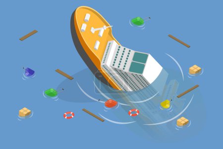 Illustration for 3D Isometric Flat Vector Conceptual Illustration of Sinking Boat, Shipwreck Accident - Royalty Free Image