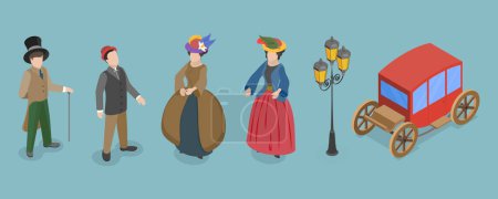 3D Isometric Flat Vector Set of Victorian Period Characters and Objects, 19th Century European Ladies and Gentlemen
