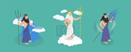 Téléchargez les illustrations : Illustration conceptuelle 3D vecteur plat isométrique de héros de mythologie ancienne, Zeus, Poséidon et Hadès - en licence libre de droit