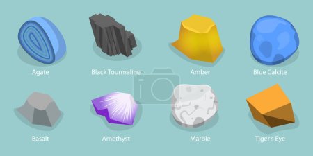 Conjunto de vectores planos isométricos 3D de minerales de piedra, gemas naturales