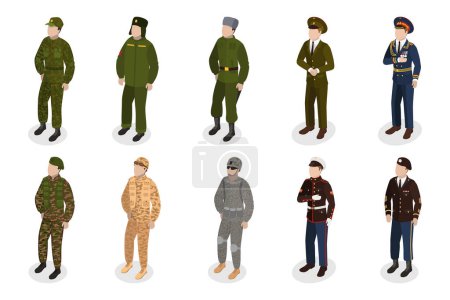 Conjunto de Vectores Planos Isométricos 3D de Personas Militares, Personajes Uniformes