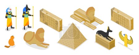 Ilustración de Conjunto de vectores planos isométricos 3D de símbolos de Egipto, artefactos de arqueología de civilización antigua - Imagen libre de derechos