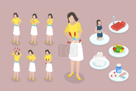 3D Isometrischer Flat Vector Konzeptuelle Illustration von Menstruationsschmerzen, PMS-Symptom