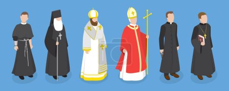 Téléchargez les illustrations : Ensemble vectoriel plat 3D isométrique de chefs religieux, personnage vêtu de robes classiques - en licence libre de droit