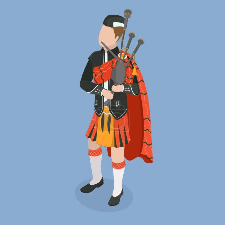Ilustración de Icono plano isométrico 3D de Scottish Bagpiper, personaje en la ropa nacional - Imagen libre de derechos