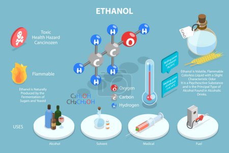 Téléchargez les illustrations : Illustration conceptuelle 3D du vecteur plat isométrique de l'éthanol, propriétés physiques de l'acide éthanoïque - en licence libre de droit
