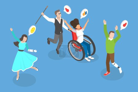 3D Isometric Flat Vector Conceptual Illustration of Happy Active Disabled People, Accessibility And Inclusivity