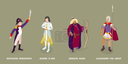 Illustration for 3D Isometric Flat Vector Set of Historical People, Napoleon Bonaparte, Jeanne dArc, Genghis Khan, Alexander the Great - Royalty Free Image