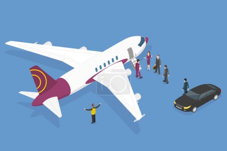 Téléchargez les illustrations : Illustration conceptuelle 3D du vecteur plat isométrique du jet privé, de l'avion de luxe et de la limousine debout sur la piste - en licence libre de droit