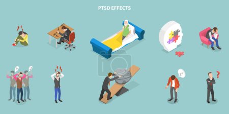 Illustration for 3D Isometric Flat Vector Conceptual Illustration of PTSD Effects, Posttraumatic Stress Disorder - Royalty Free Image