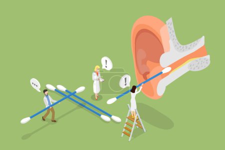 3D Isometric Flat Vector Conceptual Illustration of Cleaning The Ear Canal, Removing Earwax with Cotton Bud