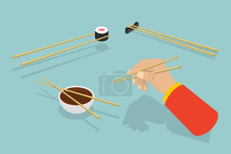 Illustration for 3D Isometric Flat Vector Conceptual Illustration of How To Use Chopsticks, Oriental Cuisine - Royalty Free Image