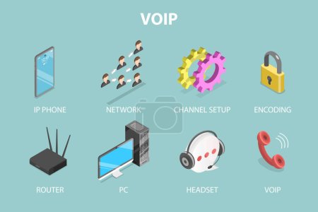 Téléchargez les illustrations : Illustration conceptuelle 3D vectorielle plate isométrique de VOIP, service d'appel téléphonique réseau - en licence libre de droit