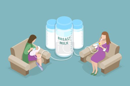 Illustration for 3D Isometric Flat Vector Conceptual Illustration of Breast Milk Donation, Female Donor is Collecting Milk with Pump - Royalty Free Image