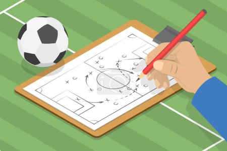 Ilustración conceptual del vector plano isométrico 3D de las tácticas del partido de fútbol, esquema para entrenar a un equipo de fútbol