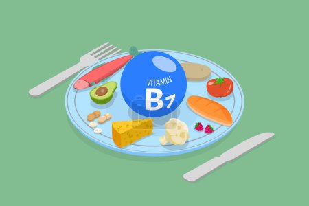 Téléchargez les illustrations : Illustration conceptuelle 3D du vecteur plat isométrique de la vitamine B7, aliments riches en biotine - en licence libre de droit