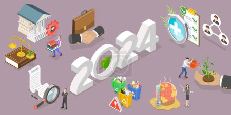 Ilustración de Ilustración conceptual plana isométrica 3D del año nuevo 2024 y tendencias de ESG, gobierno ambiental, social y corporativo - Imagen libre de derechos