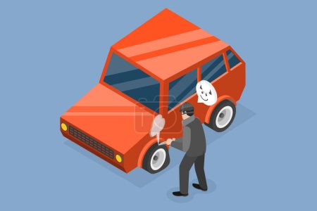 3D Isometric Flat Vector Conceptual Illustration of Malicious Car Damage, Vandalism and Aggression