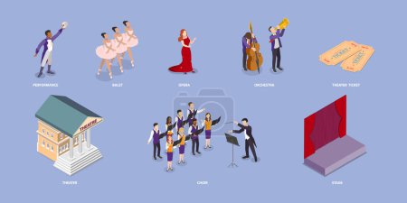 Ensemble 3D vectoriel plat isométrique de scènes d'opéra, de théâtre et de divertissement