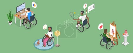 Téléchargez les illustrations : Illustration conceptuelle 3D vecteur plat isométrique de la vie avec handicap, société d'inclusion - en licence libre de droit