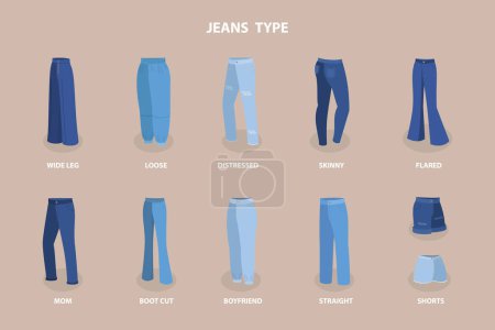 Téléchargez les illustrations : Ensemble vectoriel plat 3D isométrique de styles de jeans, pantalons de mode - en licence libre de droit
