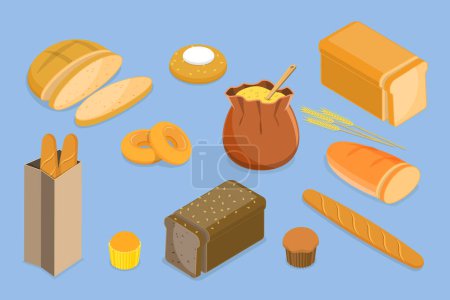 Illustration for 3D Isometric Flat Vector Set of Different Types of Bread, Bakery Products - Royalty Free Image