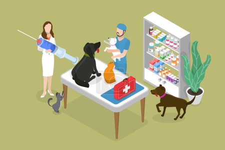 Ilustración de Ilustración conceptual del vector plano isométrico 3D de la vacunación de la mascota, clínica veterinaria u hospital - Imagen libre de derechos