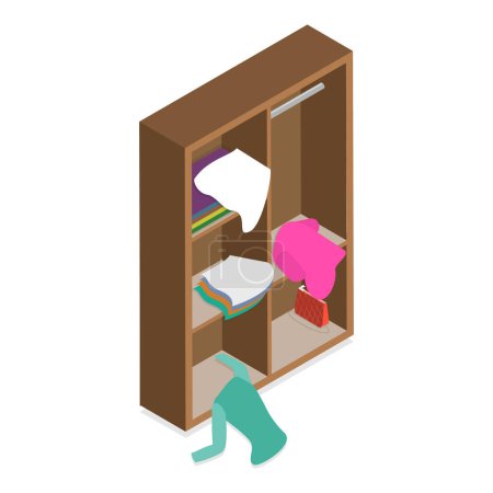 Illustration for 3D Isometric Flat Vector Set of Scattered and Messy Clothes, Chaos, Disorder and Storage Disorganization. Item 1 - Royalty Free Image